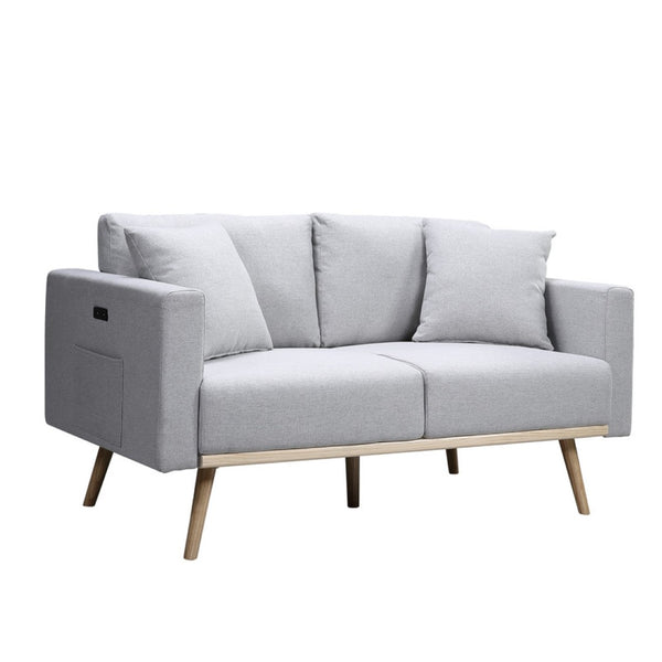 English Elm Elio Mid-century Linen Loveseat with Usb Ports Side Pockets and Tapered Wood Legs Light Gray B2749P413346