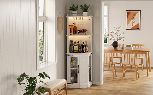 English Elm 67.3" Farmhouse Corner Bar Cabinet Led Lit Wine Storage with Built-in Power Outlets N735P361423K
