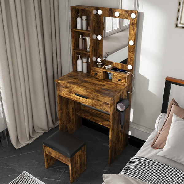 English Elm Vanity compact dressing desk with LED mirror, 3-color dimmable lights, drawers, stool, outlet Vintage W2699P345802