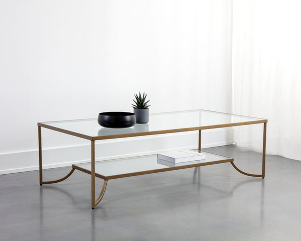 Sunpan KESSLER Coffee Table - Minimalist Design with Antique Gold Frame & Dual Glass Surfaces for Modern Spaces 109638