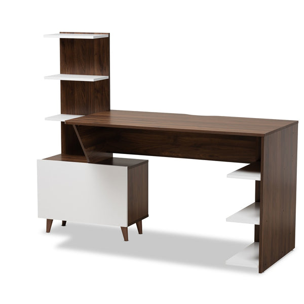 Baxton Studio Baxton Studio Tobias Mid-Century Modern Desk – Two-Tone White & Walnut with Open Shelves & Storage SESD8012WI-Columbia/White-Desk