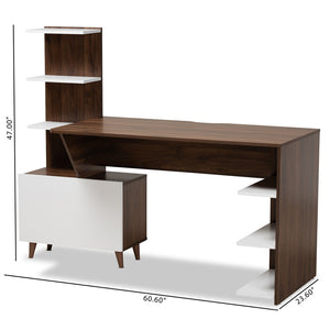 Baxton Studio Baxton Studio Tobias Mid-Century Modern Desk – Two-Tone White & Walnut with Open Shelves & Storage SESD8012WI-Columbia/White-Desk