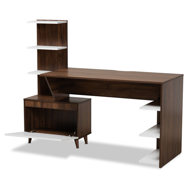 Baxton Studio Baxton Studio Tobias Mid-Century Modern Desk – Two-Tone White & Walnut with Open Shelves & Storage SESD8012WI-Columbia/White-Desk