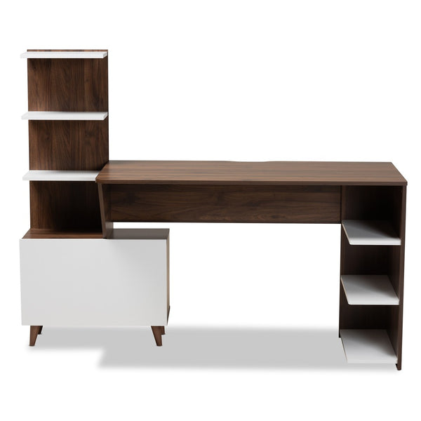 Baxton Studio Baxton Studio Tobias Mid-Century Modern Desk – Two-Tone White & Walnut with Open Shelves & Storage SESD8012WI-Columbia/White-Desk
