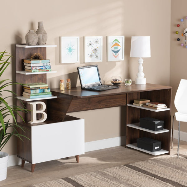 Baxton Studio Baxton Studio Tobias Mid-Century Modern Desk – Two-Tone White & Walnut with Open Shelves & Storage SESD8012WI-Columbia/White-Desk