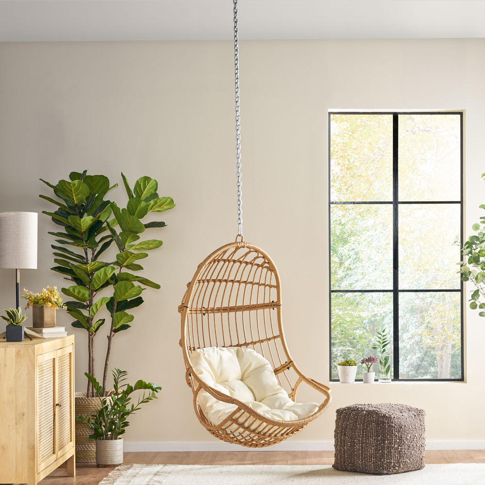 English Elm Christopher Knight Home® - BERKSHIRE Wicker Hanging Chair with 8ft Chain — Weather‑Resistant Faux Rattan Swing, 300 lb Capacity Brown+Beige 70843.00LBGE