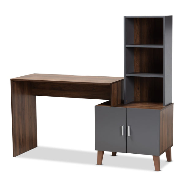 Baxton Studio Baxton Jaeger Modern Walnut Brown & Dark Grey Wood Storage Desk with Shelves for Home Office Use SESD8019WI-Columbia/Dark Grey-Desk