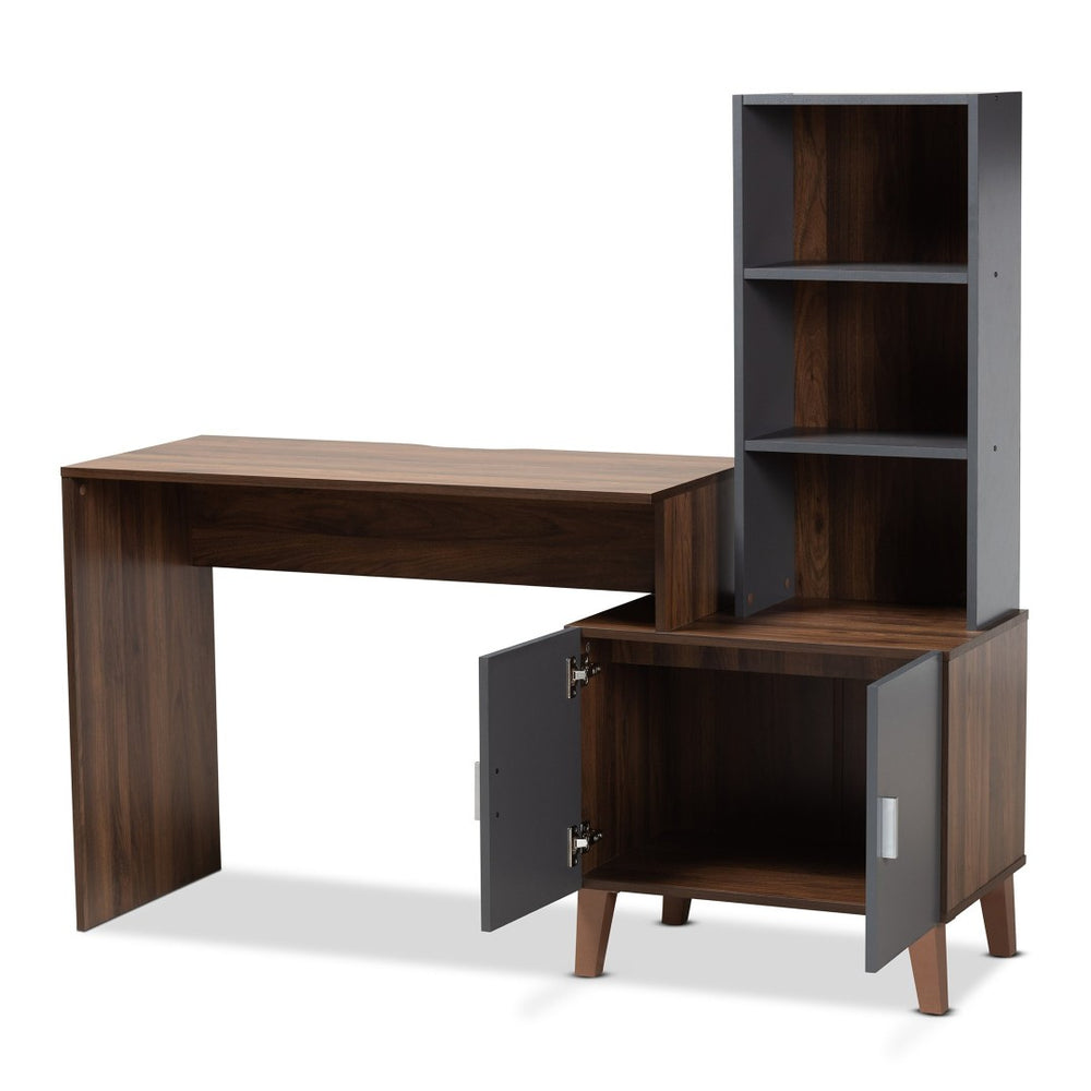 Baxton Studio Baxton Jaeger Modern Walnut Brown & Dark Grey Wood Storage Desk with Shelves for Home Office Use SESD8019WI-Columbia/Dark Grey-Desk