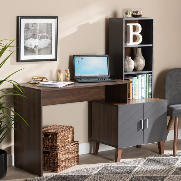 Baxton Studio Baxton Jaeger Modern Walnut Brown & Dark Grey Wood Storage Desk with Shelves for Home Office Use SESD8019WI-Columbia/Dark Grey-Desk