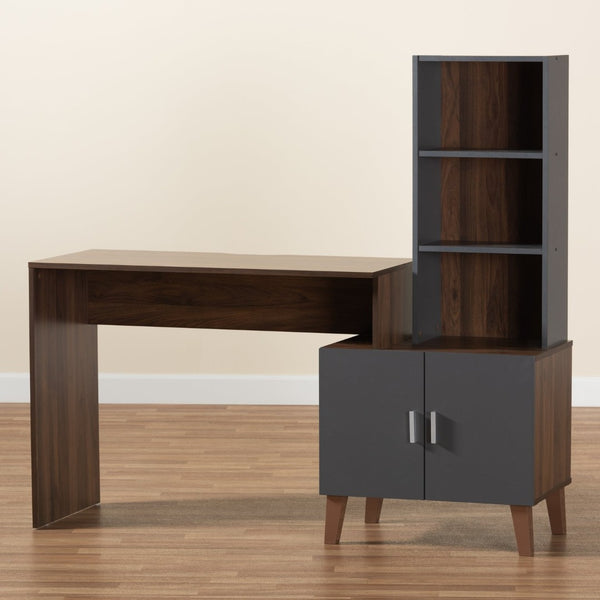 Baxton Studio Baxton Jaeger Modern Walnut Brown & Dark Grey Wood Storage Desk with Shelves for Home Office Use SESD8019WI-Columbia/Dark Grey-Desk