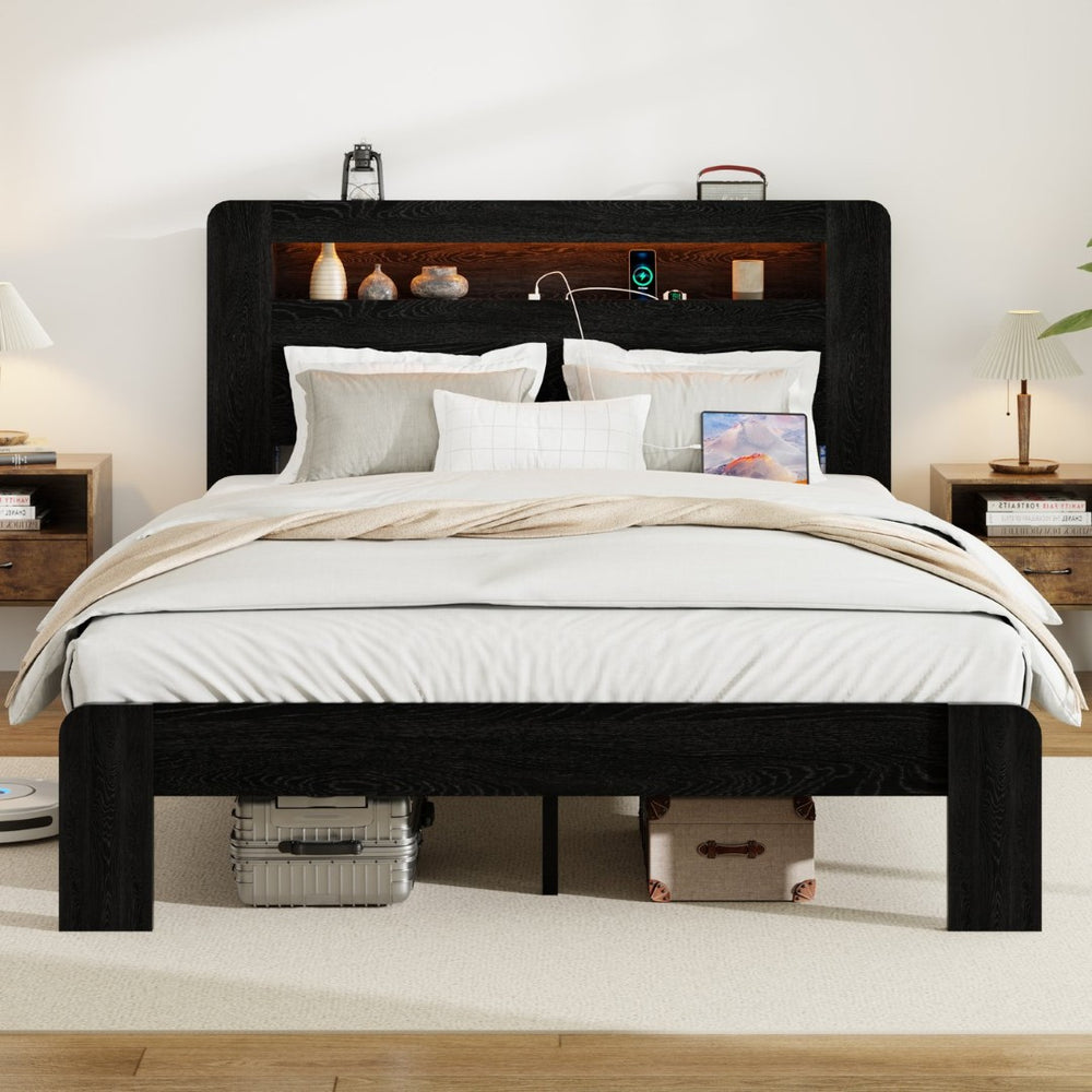English Elm Bed Queen Platform Wood Frame Led Headboard Usb Charging Under Storage Modern W636P318040