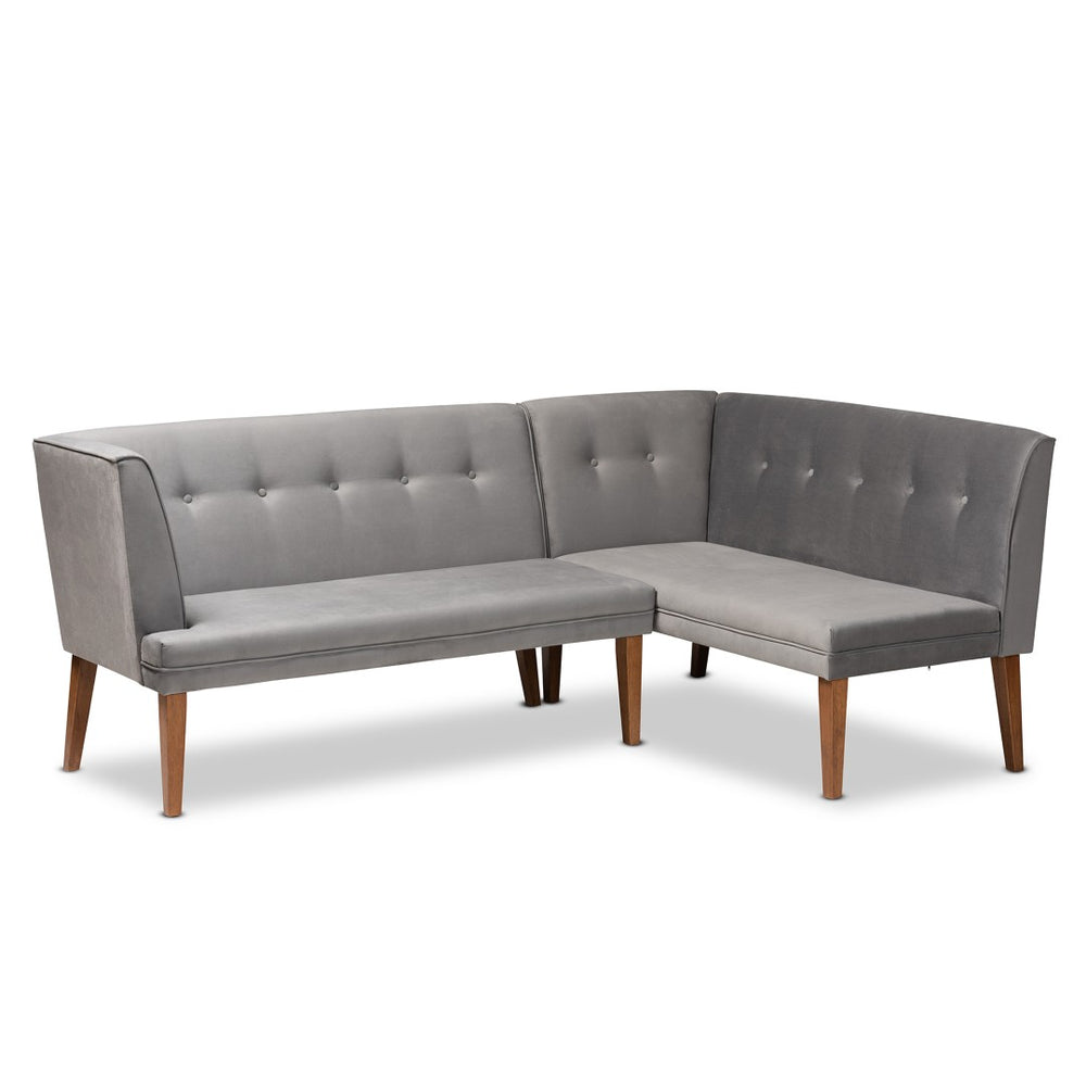Baxton Studio Baxton Studio Stewart Mid-Century Modern Grey Velvet 2-Piece Dining Banquette Set for Cozy Spaces BBT8062-Grey Velvet/Walnut-2PC SF Bench