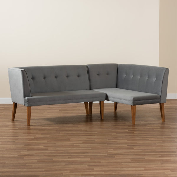 Baxton Studio Baxton Studio Stewart Mid-Century Modern Grey Velvet 2-Piece Dining Banquette Set for Cozy Spaces BBT8062-Grey Velvet/Walnut-2PC SF Bench