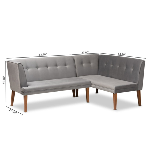 Baxton Studio Baxton Studio Stewart Mid-Century Modern Grey Velvet 2-Piece Dining Banquette Set for Cozy Spaces BBT8062-Grey Velvet/Walnut-2PC SF Bench