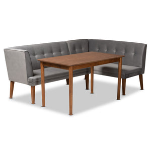 Baxton Studio Baxton Studio Mid-Century Modern Grey Velvet Dining Nook Set with Walnut Brown Wood, 3-Piece Elegance BBT8062-Grey Velvet/Walnut-3PC Dining Nook Set