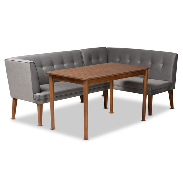 Baxton Studio Baxton Studio Mid-Century Modern Grey Velvet Dining Nook Set with Walnut Brown Wood, 3-Piece Elegance BBT8062-Grey Velvet/Walnut-3PC Dining Nook Set