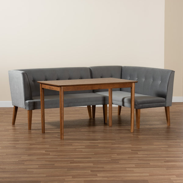 Baxton Studio Baxton Studio Mid-Century Modern Grey Velvet Dining Nook Set with Walnut Brown Wood, 3-Piece Elegance BBT8062-Grey Velvet/Walnut-3PC Dining Nook Set