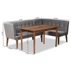 Baxton Studio Baxton Studio Mid-Century Modern Grey Velvet Dining Nook Set with Walnut Brown Wood, 3-Piece Elegance BBT8062-Grey Velvet/Walnut-3PC Dining Nook Set