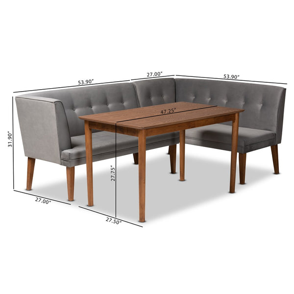 Baxton Studio Baxton Studio Mid-Century Modern Grey Velvet Dining Nook Set with Walnut Brown Wood, 3-Piece Elegance BBT8062-Grey Velvet/Walnut-3PC Dining Nook Set