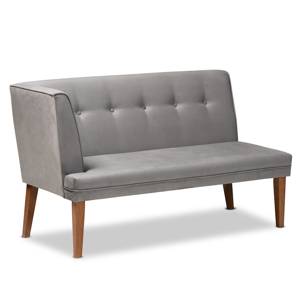 Baxton Studio Baxton Studio Mid-Century Modern Grey Velvet Dining Nook Set with Walnut Brown Wood, 3-Piece Elegance BBT8062-Grey Velvet/Walnut-3PC Dining Nook Set