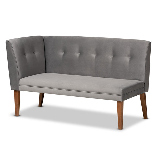 Baxton Studio Baxton Studio Mid-Century Modern Grey Velvet Dining Nook Set with Walnut Brown Wood, 3-Piece Elegance BBT8062-Grey Velvet/Walnut-3PC Dining Nook Set