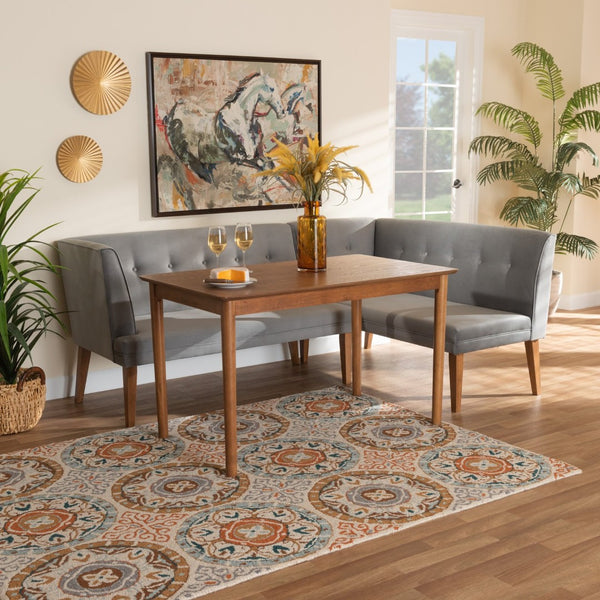 Baxton Studio Baxton Studio Mid-Century Modern Grey Velvet Dining Nook Set with Walnut Brown Wood, 3-Piece Elegance BBT8062-Grey Velvet/Walnut-3PC Dining Nook Set