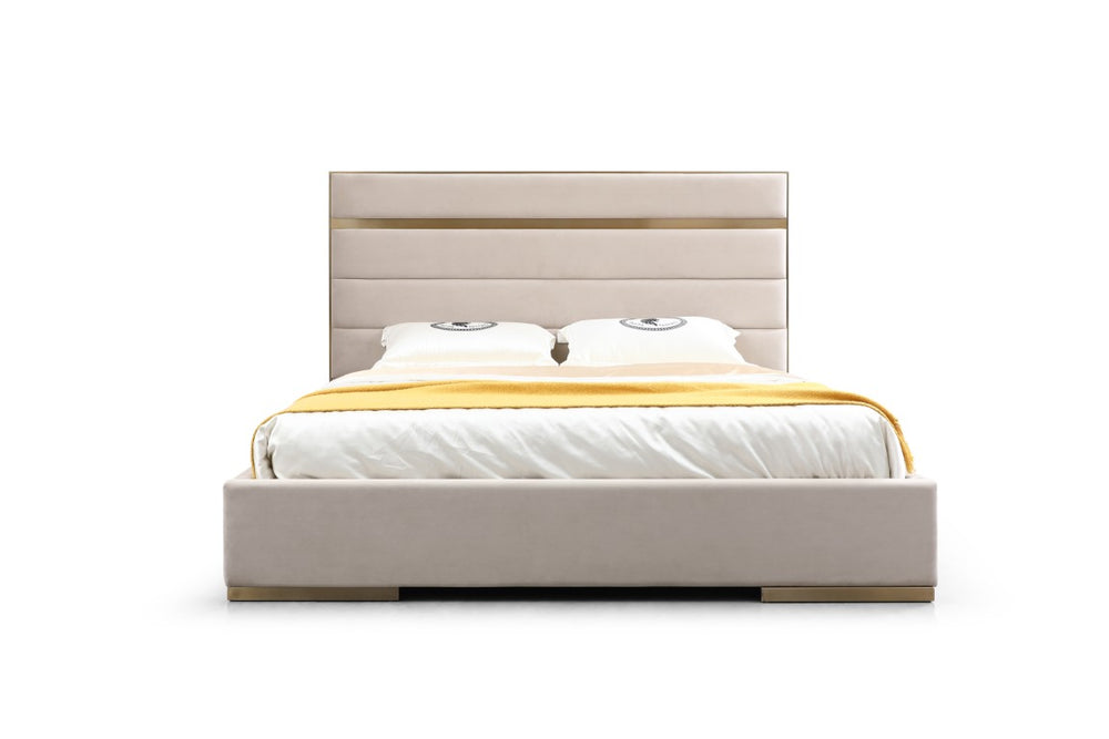 VIG Furniture Cartier Luxe Beige Velvet Bed With Brushed Brass Accents — Padded Headboard, Sturdy 1,100 Lb Support VGVC-BDAD02-BGE-BB-BED-CK