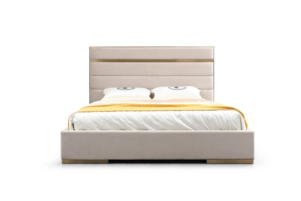 VIG Furniture Cartier Luxe Beige Velvet Bed With Brushed Brass Accents — Padded Headboard, Sturdy 1,100 Lb Support VGVC-BDAD02-BGE-BB-BED-CK