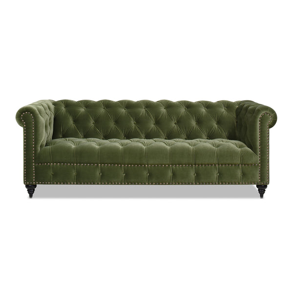 English Elm Jennifer Taylor Home - Alto Handcrafted 88" Tufted Chesterfield Sofa in Olive Performance Velvet with Nailhead Trim and Supportive Frame B2719P238299