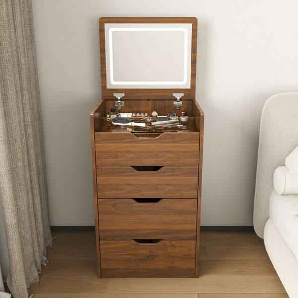 English Elm 3-in-1 Walnut Flip Top Vanity Desk with Led Mirror Stool Bedroom Dressing Table W2699P404631