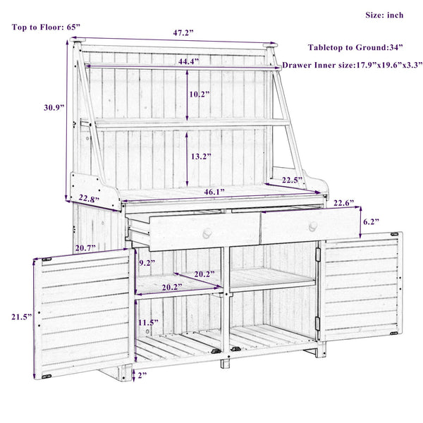 English Elm [Assembly 65inch Garden Potting Bench Table Fir Wood Workstation with 3-Tier Shelves Drawers Cabinet for Organization and Durability Gray N717P220217E