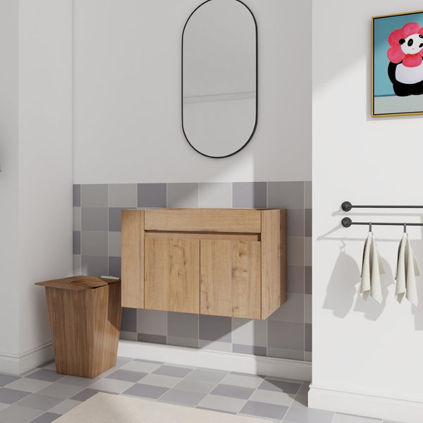English Elm 30 Inch Wall Mounted Bathroom Vanity with Open Shelf Hardware Free Handle Design W99956039