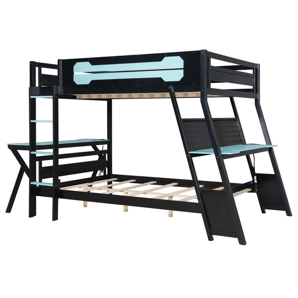 English Elm Full Size Gaming Bunk Bed with Dual Desks Usb Charging Ports and Pegboard Storage Blue LT000274AAC