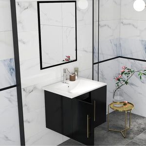English Elm 24-Inch Modern Wall-Mounted Bathroom Vanity With Sink & Mirror, Soft Close Doors & Gold Accents W3151S00035