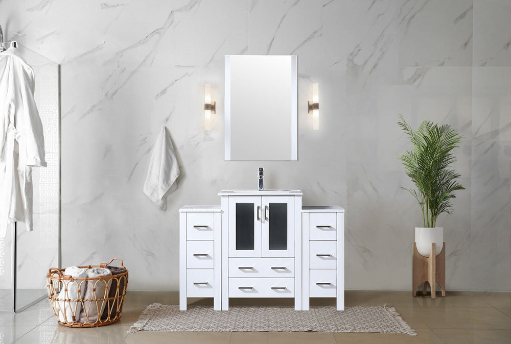 English Elm White Single Bath Vanity 48 in with Side Cabinet, White Ceramic Top, Soft-Close Drawers, Mirror Included B2731S00951