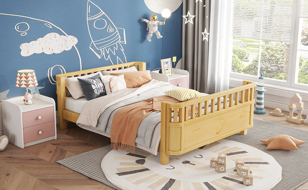 English Elm Full Full Size Wood Platform Bed for Kids with Guardrail, Solid Pine Construction, Low Profile, 350LB Capacity, Natural Finish W2593P367066
