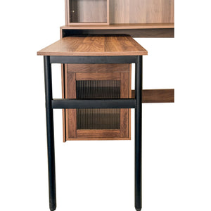 English Elm Computer Desk with Glass Doors, Hutch & Drawer Storage, Rotating 90° Desktop and Spacious Work Surface Walnut W331S00195