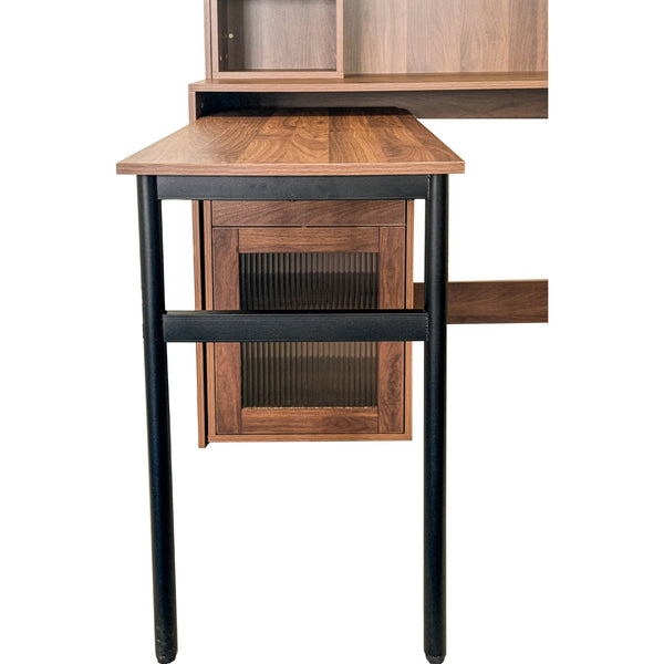 English Elm Computer Desk with Glass Doors, Hutch & Drawer Storage, Rotating 90° Desktop and Spacious Work Surface Walnut W331S00195