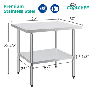 English Elm 30" X 36" 18-gauge Stainless Steel Nsf Certified Prep Table with Galvanized Undershelf W3629P365480