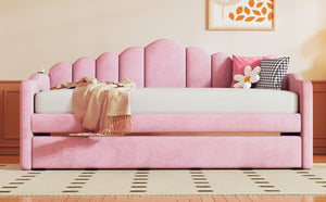 English Elm Twin Velvet Upholstered Daybed with Pull Out Trundle and Built in Usb Charging N733S382368H