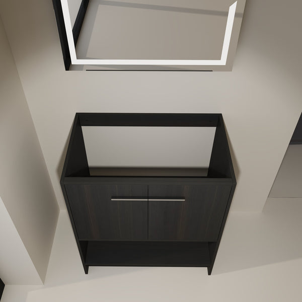 English Elm 30" Freestanding Bathroom Vanity Cabinet with 2 Doors, Integrated Basin & Open Shelf, Modern Ergonomic Design Dark Oak W1972P268399