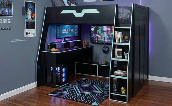 English Elm Full Size Wood Loft Bed with Rgb Lighting Desk and Multi-tier Shelves for Gaming Blue LT000374AAC