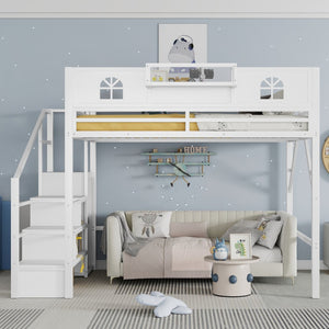 English Elm Queen Size Loft Bed With House-Shaped Guardrails, Stairs & Wardrobe - Perfect For Kids & Teens! W2593S00038-GIGA