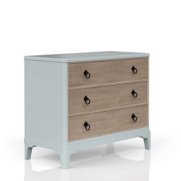 English Elm Ocean Light Blue 3-Drawer Hall Chest with Cane Fronts, Cedar-Lined Bottom & Custom Hardware Finish B2699P218294