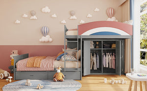 English Elm Full Size Offset Bunk Bed with Wardrobe Hanging Rod Drawers and Upholstered Rail Gray N820S00081E