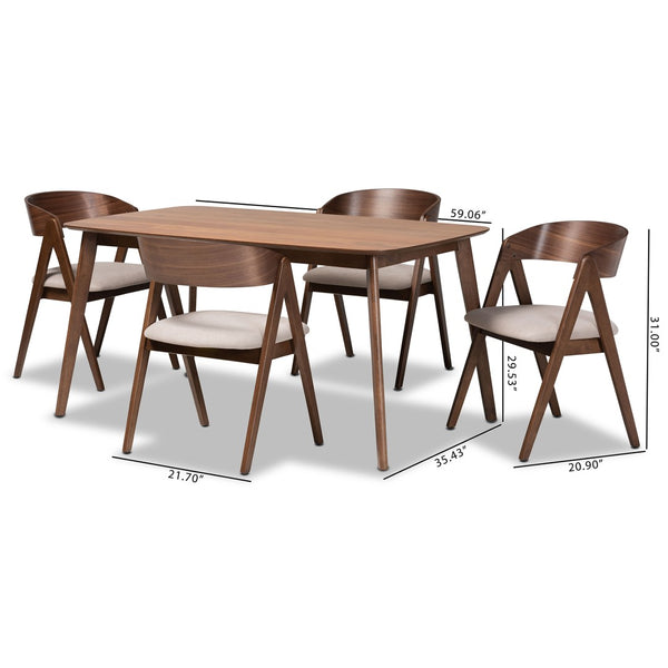 Baxton Studio Baxton Studio 5-Piece Mid-Century Modern Dining Set with Beige Upholstered Chairs & Walnut Table WM1900B-Latte/Walnut-5PC Dining Set