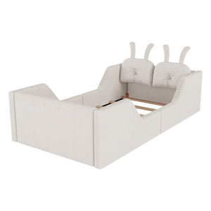 English Elm Twin Kids Platform Bed Teddy Fabric Upholstered with Bunny Cushions and Safety Rails White W2593P395806