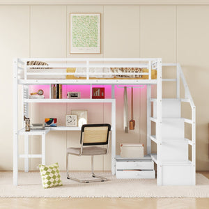 English Elm Full Size Loft Bed With Integrated Led, Workspace & Storage, Stylish Metal Frame For Kids' Rooms W2593S00018