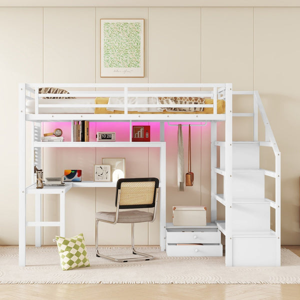 English Elm Full Size Loft Bed With Integrated Led, Workspace & Storage, Stylish Metal Frame For Kids' Rooms W2593S00018