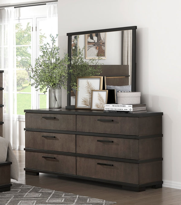 English Elm Two-Tone Modern Industrial Chest with Five Spacious Drawers Oak Veneer Texture and Bold Bar Hardware Black,Brown Gray 70.25 L x 21.5 W x 38.25 H B011P242782